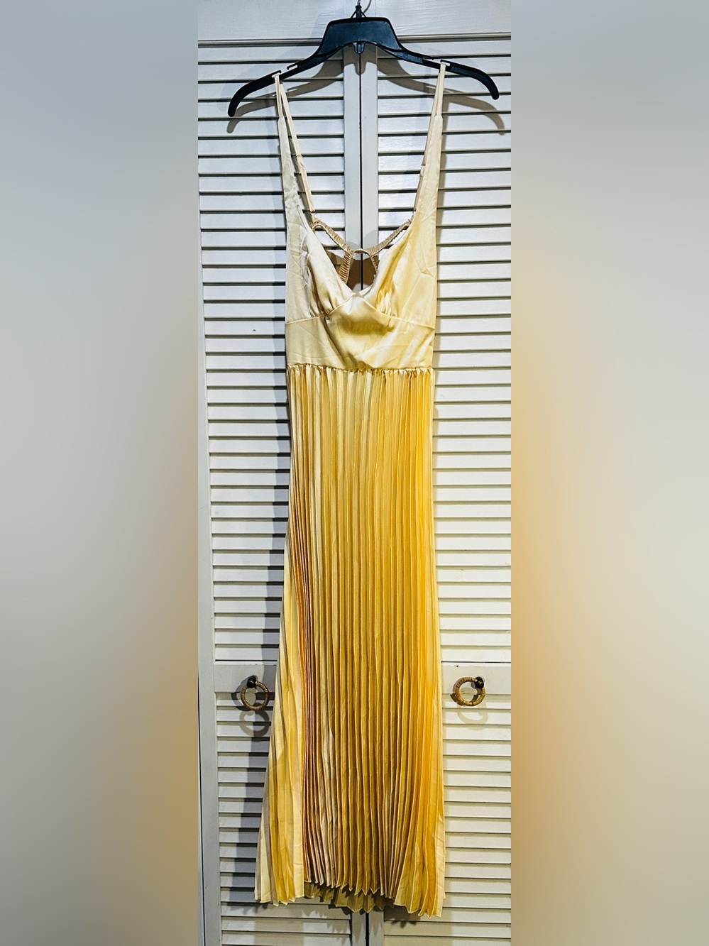 Yellow Satin Pleated Midi Dress Open Back Wedding Guest Formal Dress - Picture 5 of 11